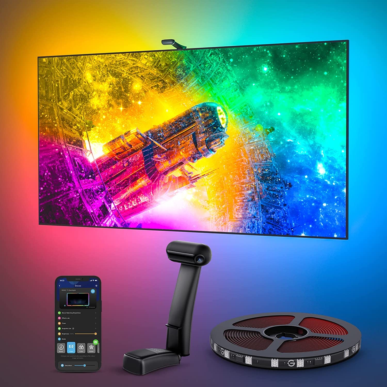  Govee Envisual TV LED バックライト T2 デュアルカメラ付き、11.8 フィート RGBIC Wi-Fi LED ストリップライト、55 ～ 65 インチ TV 用、ダブル ストリップ ライト...