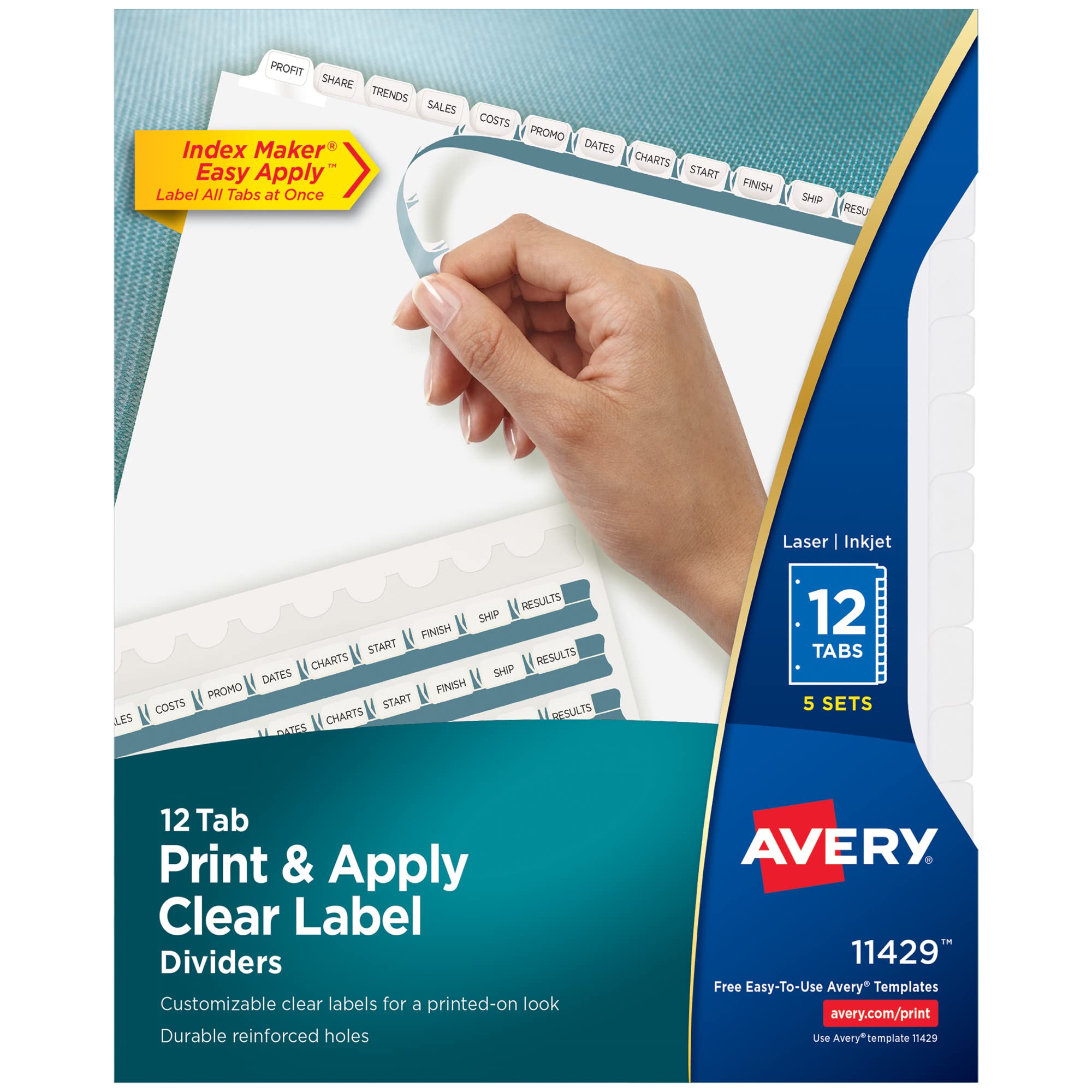 Avery 3 リング バインダー用タブ ディバイダー 12 枚、印刷と貼り付けが簡単な透明ラベル ストリップ...