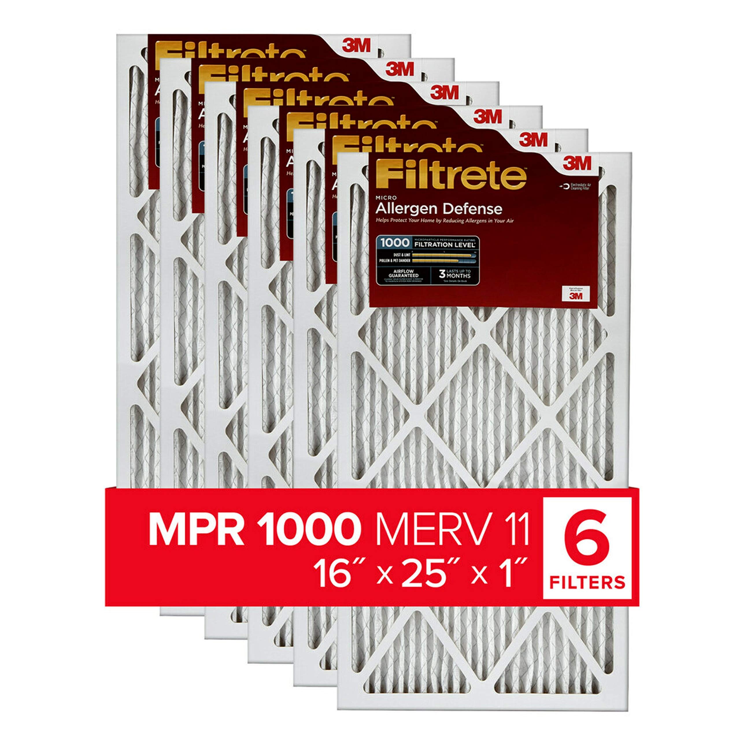 Filtrete 16x25x1 エアフィルター MPR 1000 MERV 11、アレルゲン防御、6 個パック (正確な寸法 15.69x24.69x0.81)