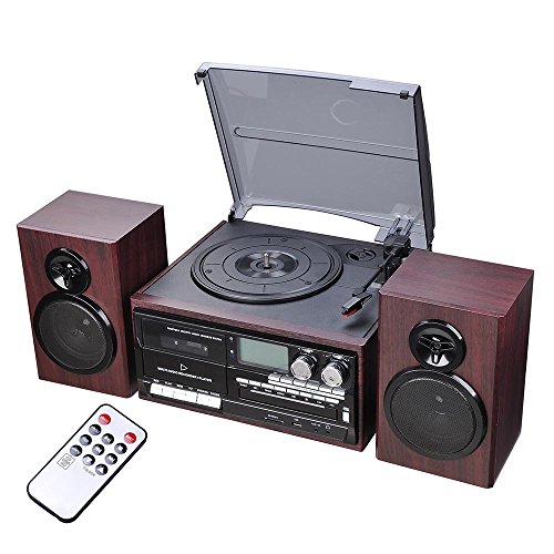 AW クラシック Bluetooth レコード プレーヤー システム (2 スピーカー付き) 3 スピード ステレオ ターンテーブル システム CD/カセット プレーヤー AM/FM