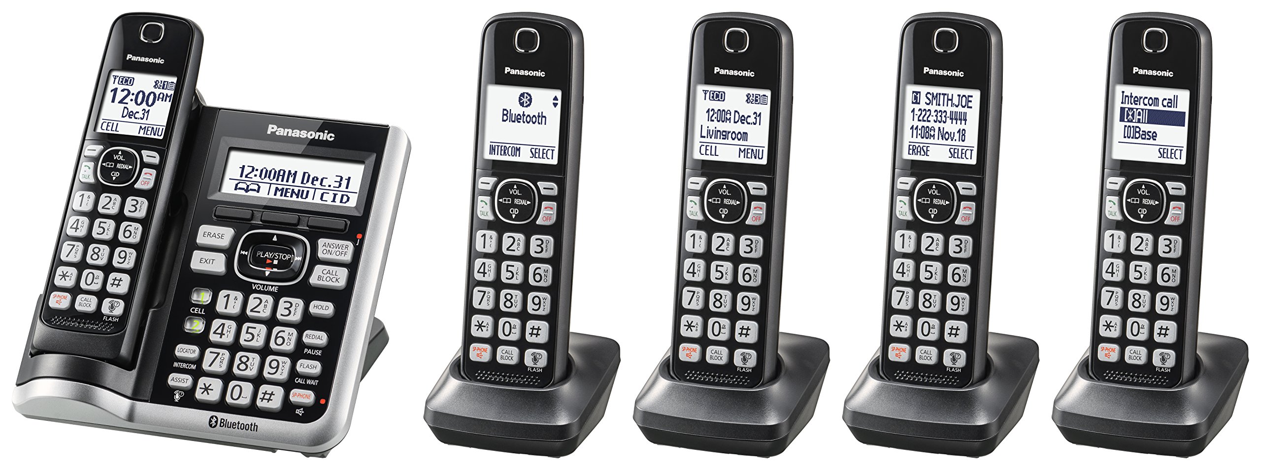  Panasonic Link2Cell Bluetooth コードレス電話システム、音声アシスタント、コール ブロック、留守番電話機能、拡張可能な家庭用電話機 (ハンドセット 5...