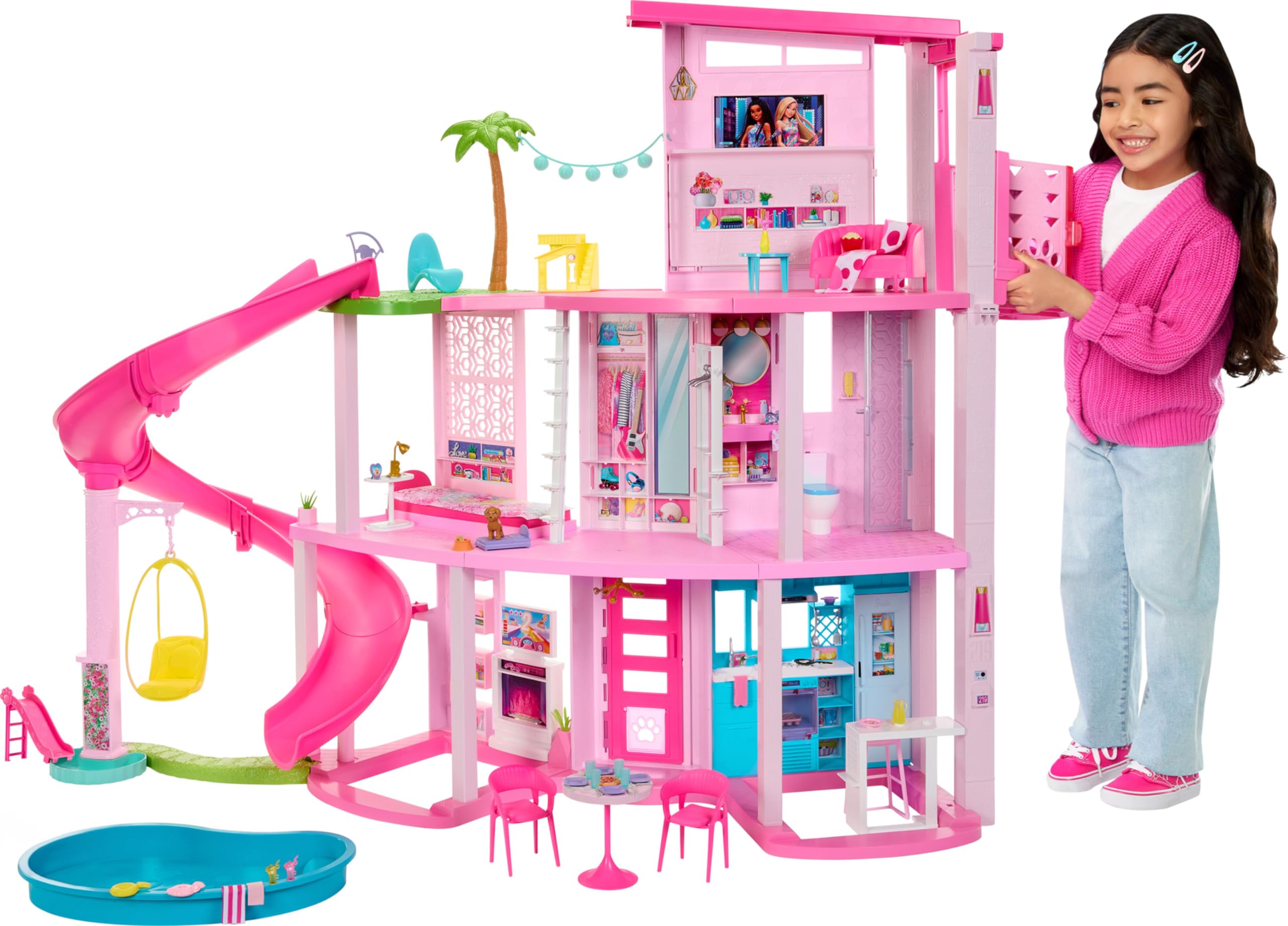  Barbie ドリームハウス 2023、75 個以上のピースと 3 階建てのスライド付きプール パーティー ドールハウス、ハウス プレイセット、ペット エレベータ...