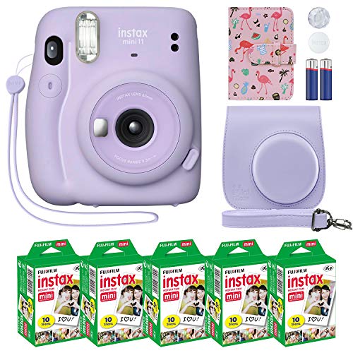  Fujifilm Instax Mini 11 インスタントカメラ ライラックパープル + カスタムケース + Fuji Instax フィルム バリューパック (50 枚) Fuji instax Mini 11 写真用フラミンゴデザイナーフォトアルバム...