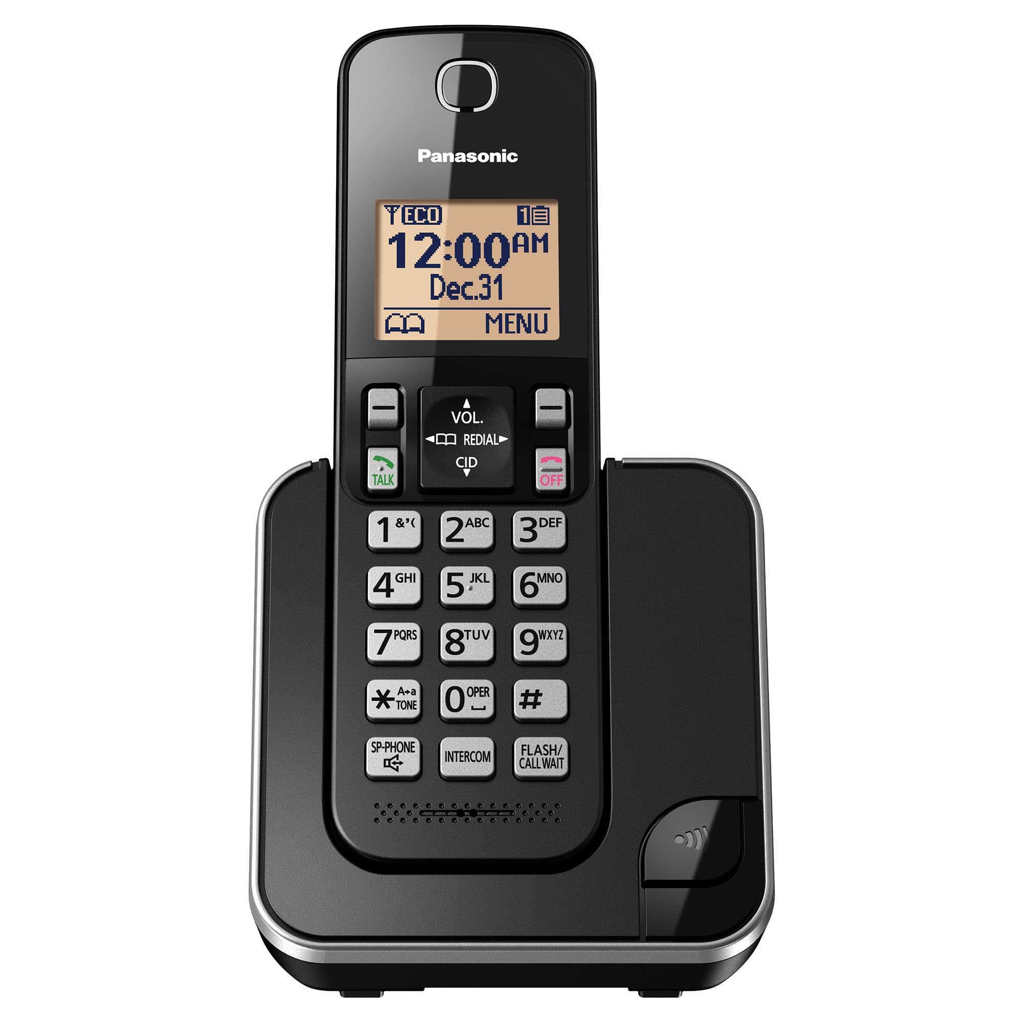 Panasonic オレンジ色のバックライト付きディスプレイとコールブロックを備えた拡張可能なコードレス電話システム