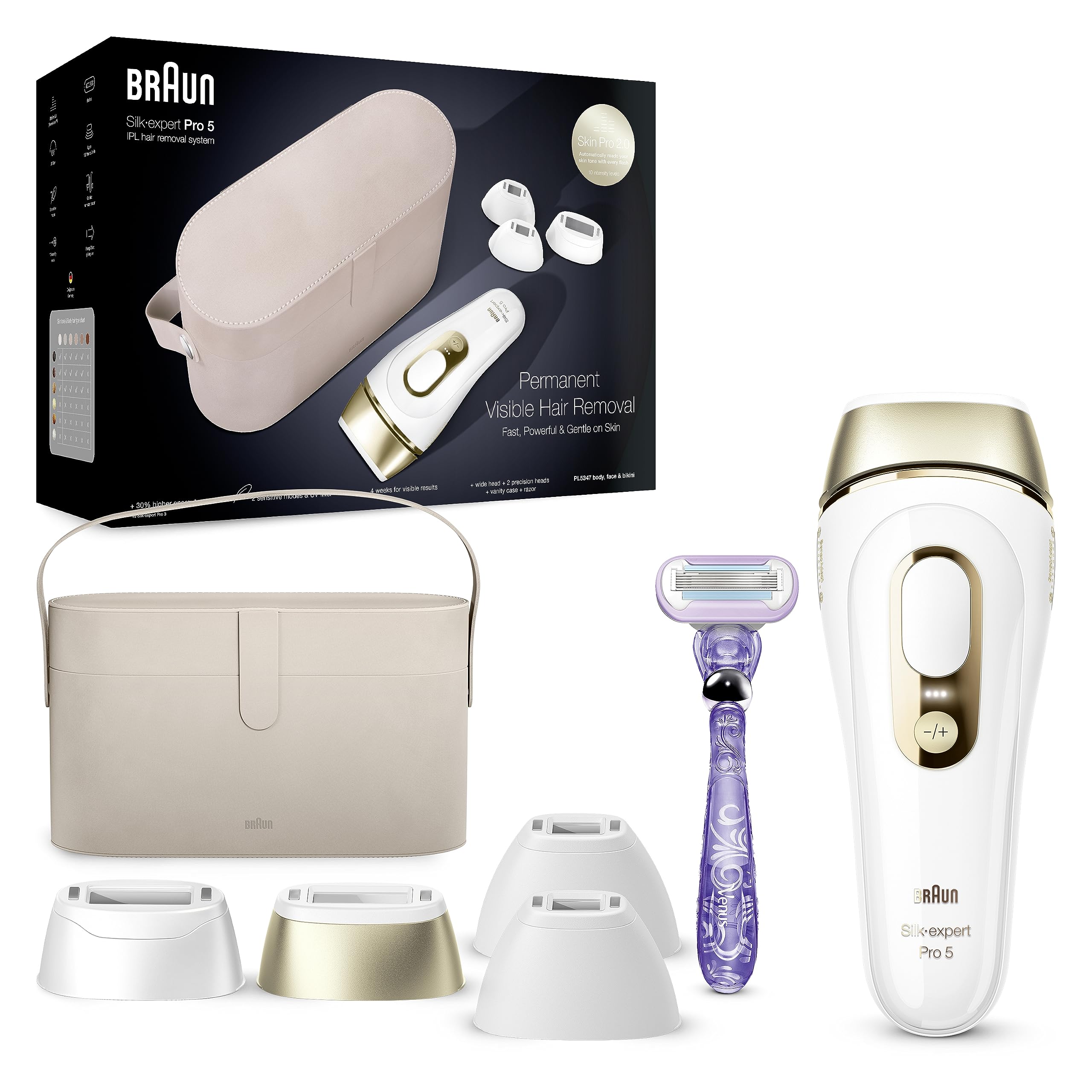  Braun 女性と男性用のIPL長持ちレーザー脱毛装置、新しいシルクエキスパートプロ5 PL5347、ボディと顔用、安全で実質的に痛みのない、ボディと顔の...