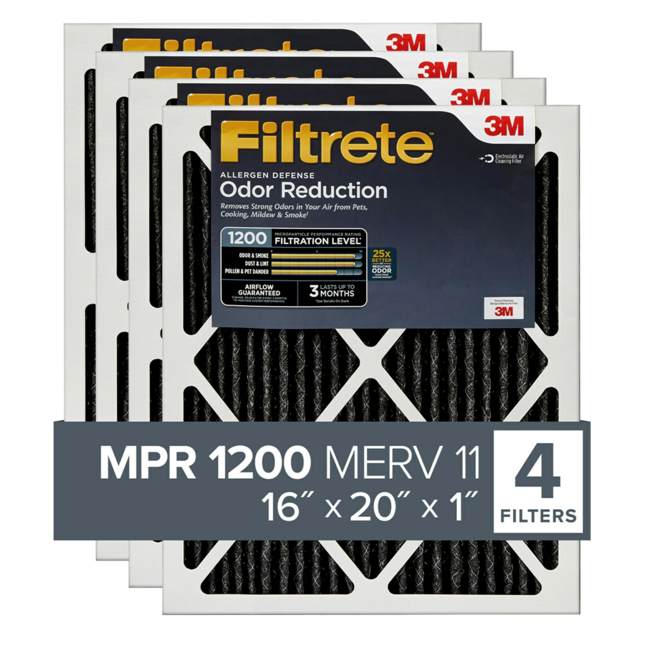 Filtrete 16x20x1 エアフィルター MPR 1200 MERV 11、アレルゲン防御臭気低減、4 パック (正確な寸法 15.69x19.69x0.81)