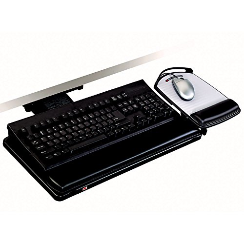  3M 調整可能なキーボードとマウスプラットフォームを備えたキーボードトレイ、ノブを回して高さと傾きを調整、回転させて机の下に収納、ジェル...