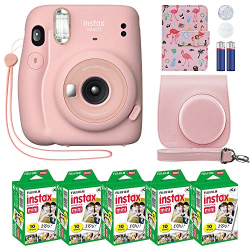  Fujifilm Instax Mini 11 インスタントカメラ ブラッシュピンク + カスタムケース + Fuji Instax フィルム バリューパック (50 枚) Fuji instax Mini 11 写真用フラミンゴデザイナーフォトアルバム...