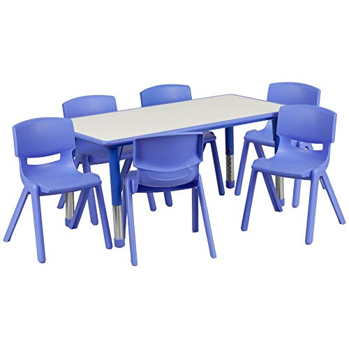 Flash Furniture 23.625''W x 47.25''L長方形の青いプラスチック製の高さ調節可能なアクティビティテーブルセット（椅子6脚付き）