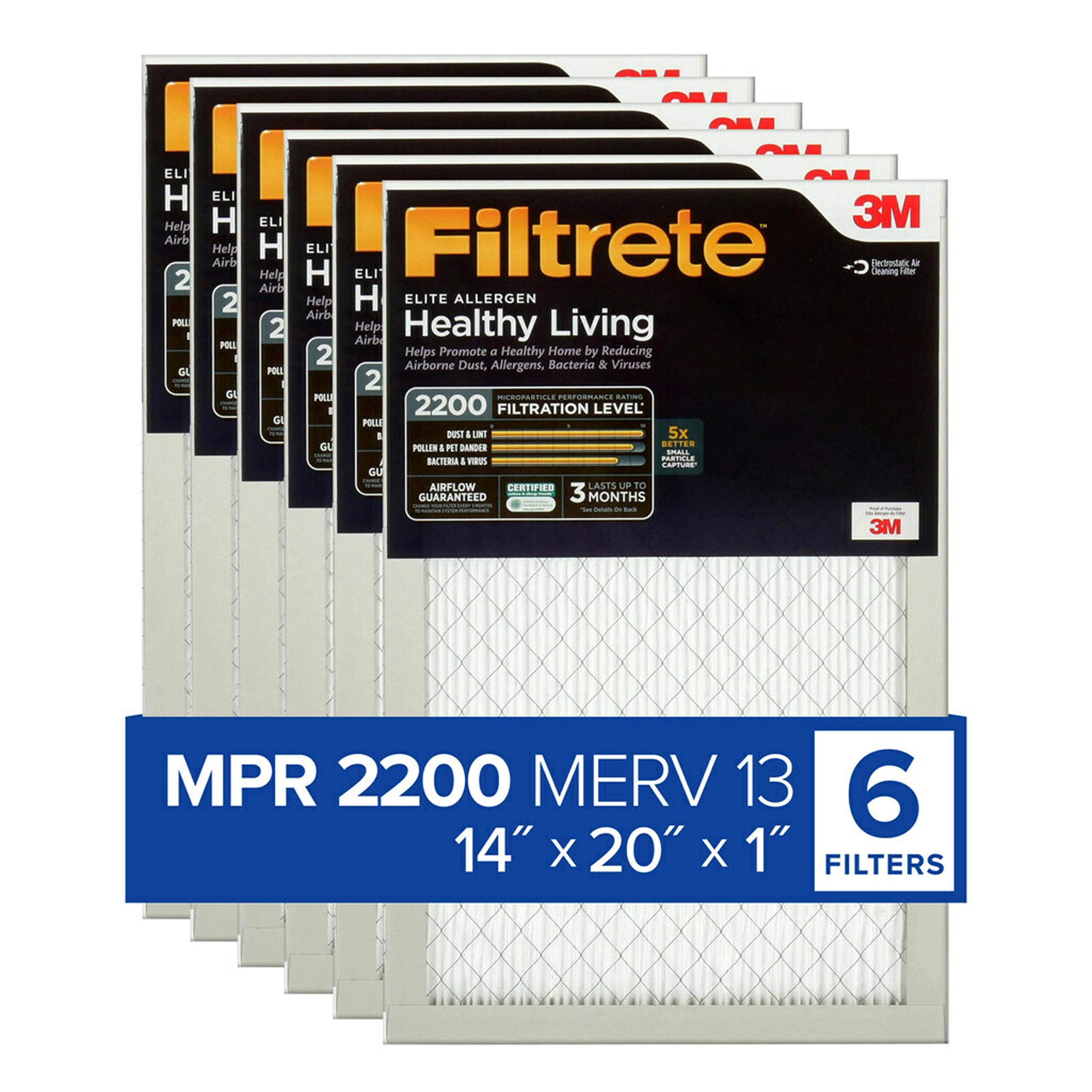 Filtrete 14x20x1 エアフィルター、MPR 2200、MERV 13、ヘルシーリビングエリートアレルゲン 3 か月プリーツ 1 インチエアフィルター、フィルター 6 枚