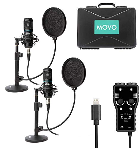  Movo スマートフォンポッドキャスト録音マイクキット - コンデンサーマイク2個パック、デスクトップマイクスタンド2個、ポップフィルター2個、Light...