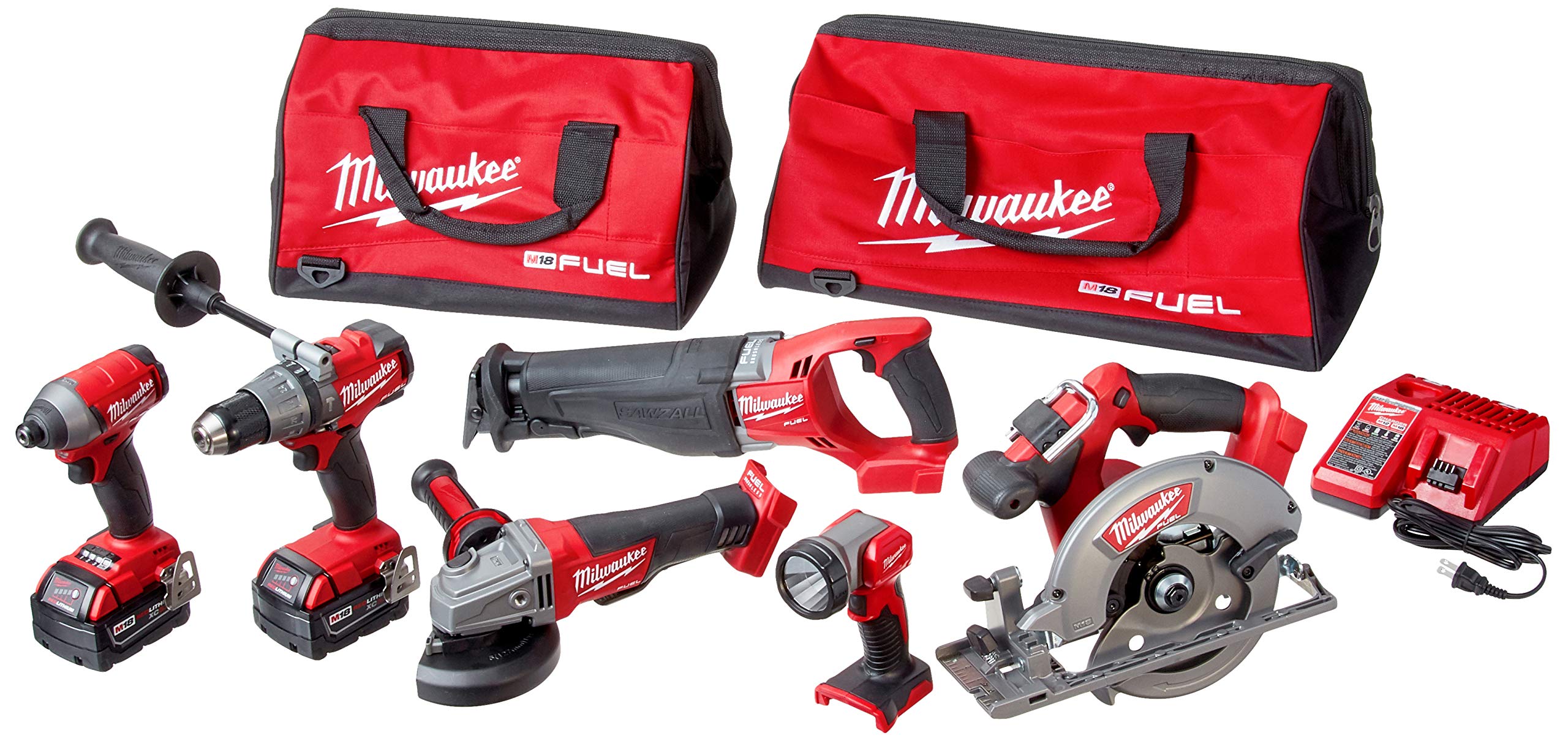 Milwaukee 2896-26 M18 Fuel 18-Volt Lithium-Ion Brushless Cordless Combo Kit (6-Tool) with (2) 5.0 Ah Batteries, (1) Charger, (2) Tool Bags