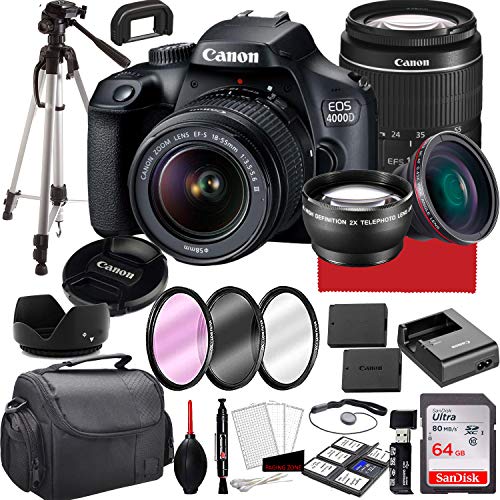 Canon EOS 4000D DSLR カメラ、18-55mm f/3.5-5.6 ズームレンズ、64GB メモリ、ケース、三脚など (28 個バンドル)