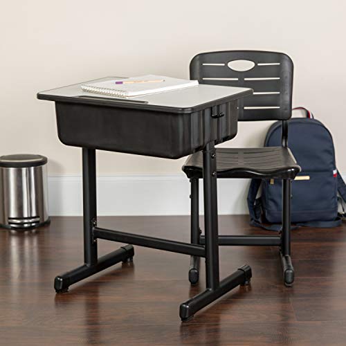 Flash Furniture 高さ調節可能な学生机と椅子、黒い台座フレーム付き