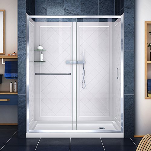 DreamLine Infinity-Z 30 in. D x 60 in. W x 76 3/4 in. H Clear Sliding Shower Door in Chrome, Right Drain Base and Backwalls, DL-6116R-01CL