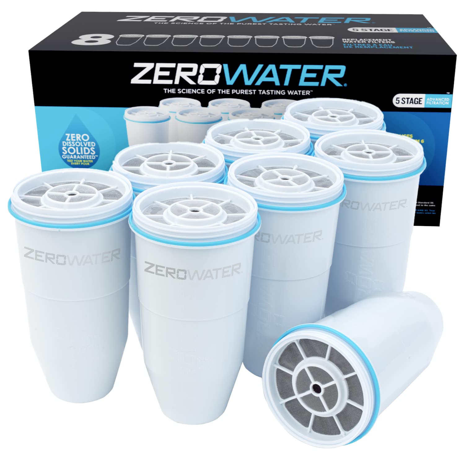 ZeroWater 公式交換フィルター - 水道水の味を改善する5段階フィルター交換0 TDS - 鉛、クロム、PFOA/PFOSを削減するNSF認定、8個パック