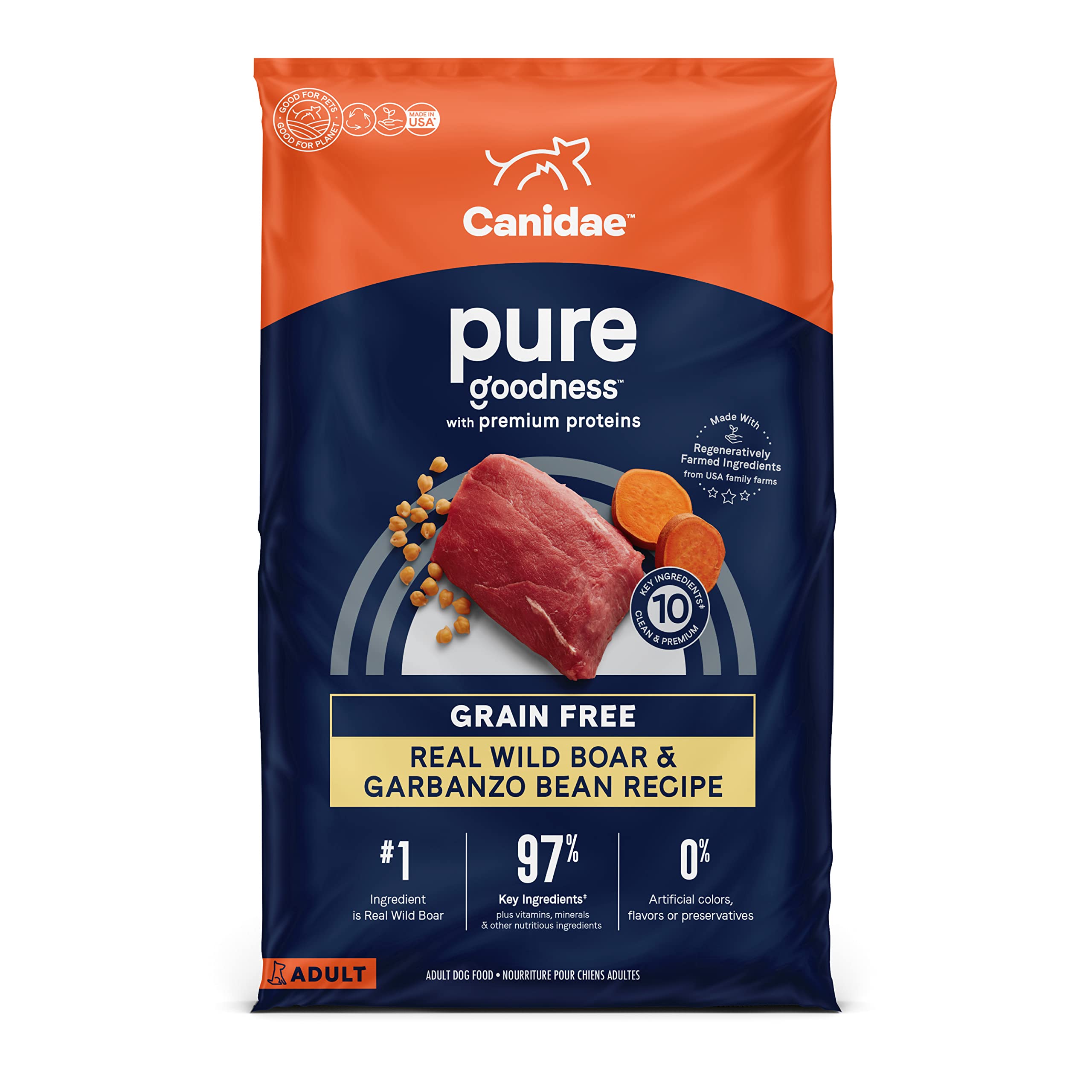 Canidae 純粋な限定成分のプレミアムアダルトドライドッグフード、本物のイノシシとひよこ豆のレシピ、22ポンド、穀物不使用