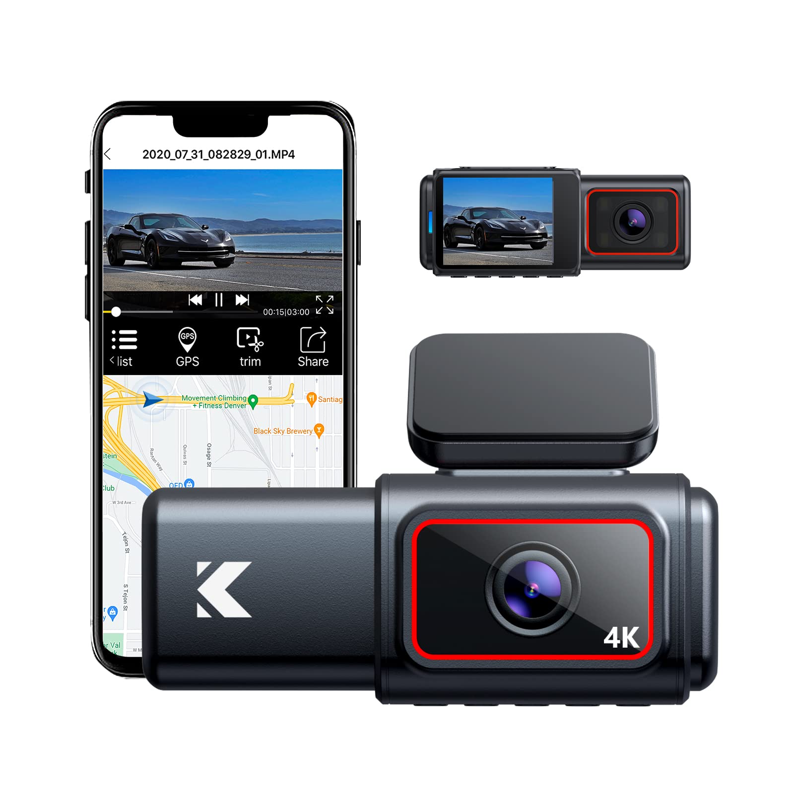  Kingslim D6-4K デュアルダッシュカム - WiFi & GPS 4K フロントおよび 1080P 内部 Type-C ダッシュカム Uber 車用カメラ スーパーナイトビジョンと 24 時間駐車モニター付き、3...