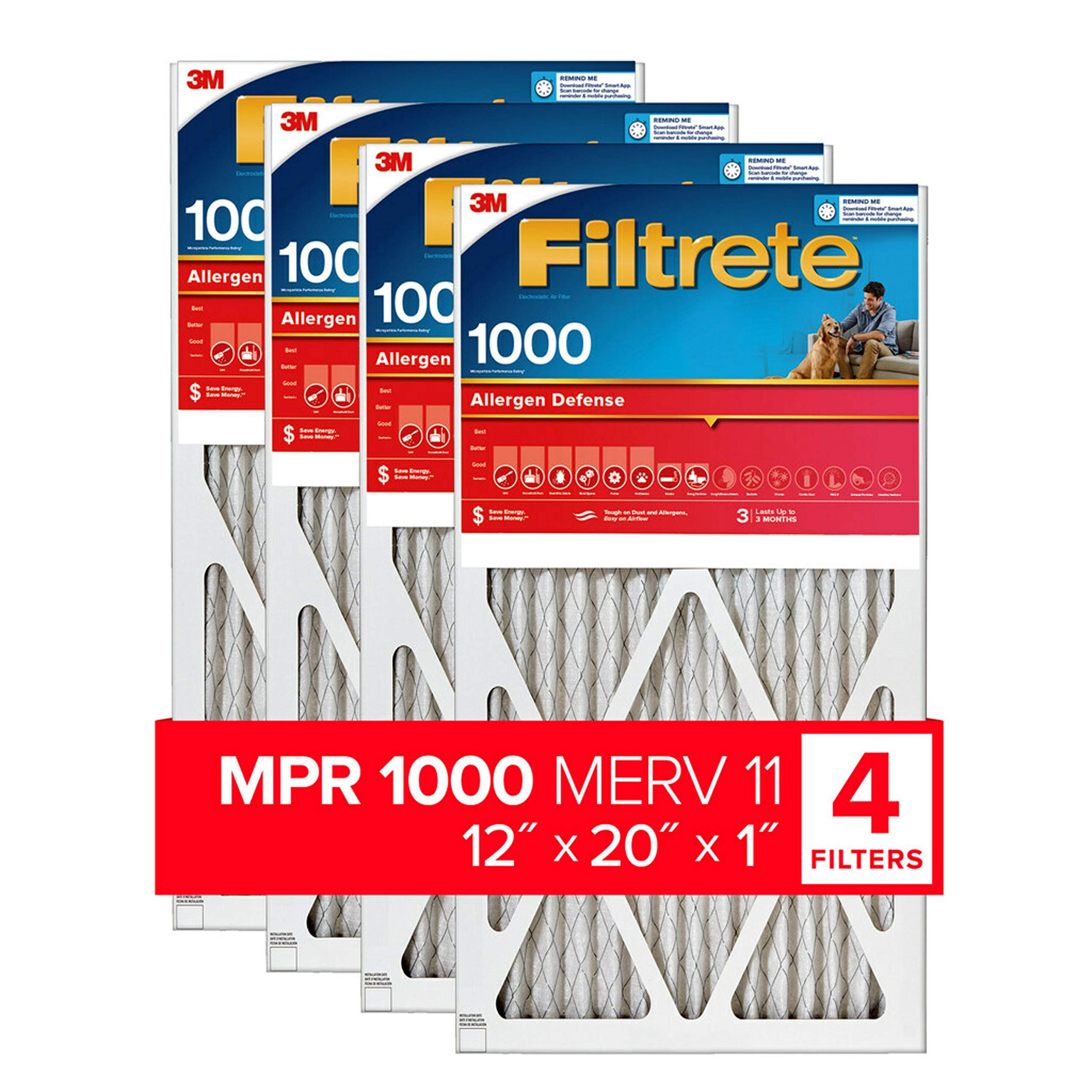 Filtrete 12x20x1 エアフィルター、MPR 1000、MERV 11、マイクロ アレルゲン防御 3 か月プリーツ 1 インチ エアフィルター、フィルター 4 枚