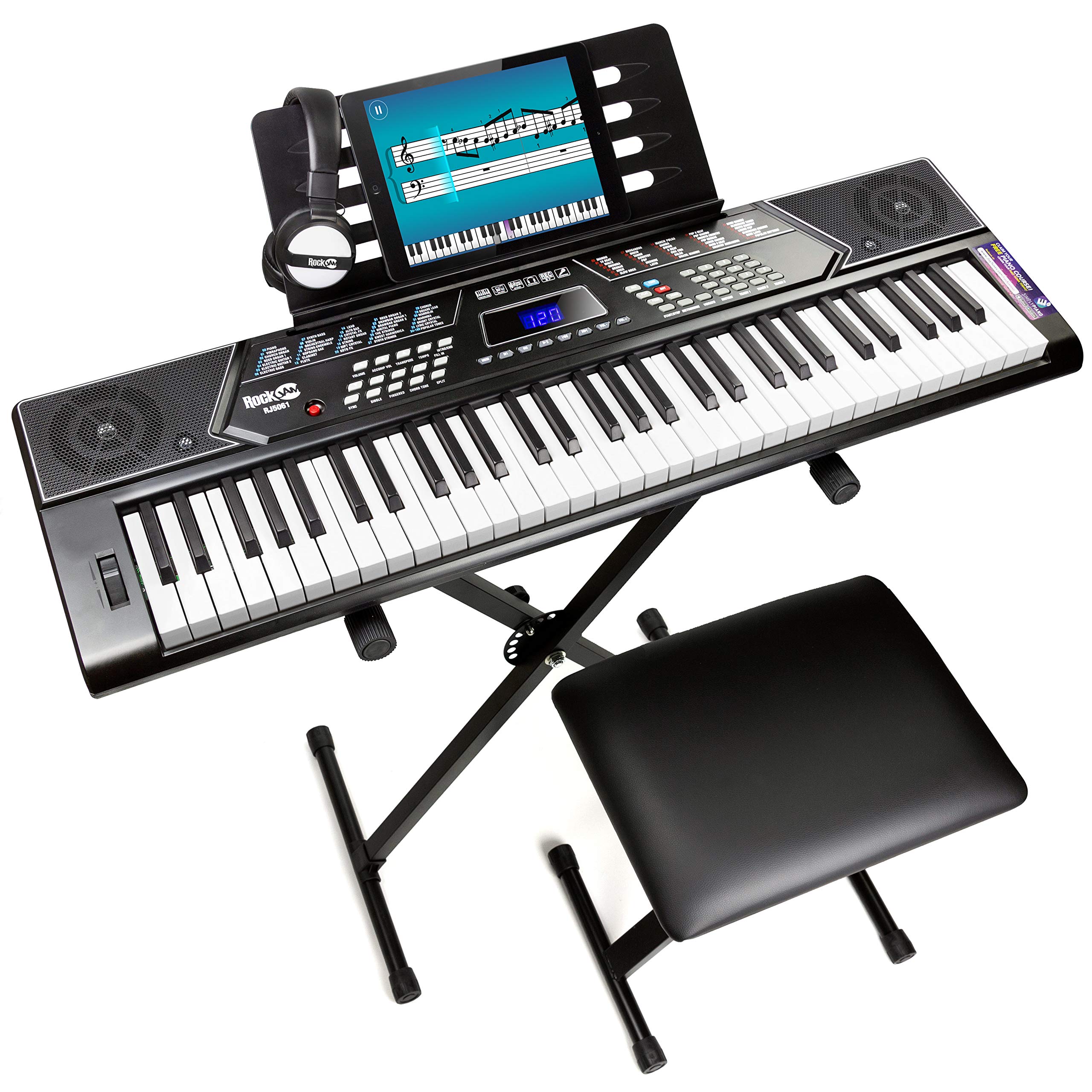 RockJam 61鍵キーボードピアノ、ピッチベンドキット、キーボードスタンド、ピアノベンチ、ヘッドフォン、Simply Pianoアプリ&基調講演ステッカー付き