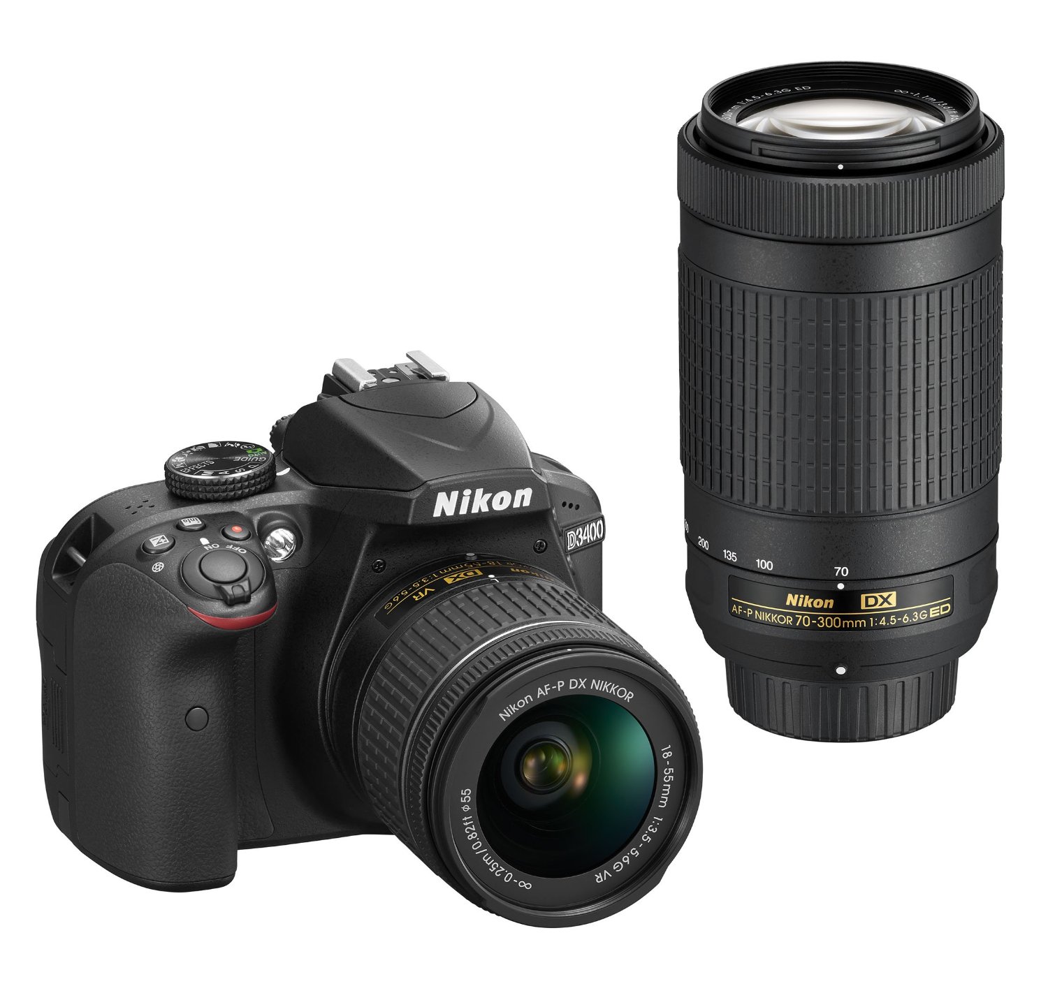 Nikon D3400デジタル一眼レフカメラ、AF-P DX NIKKOR 18-55mm f / 3.5-5.6GVRおよびAF-PDX NIKKOR 70-300mm f / 4.5-6.3G ED