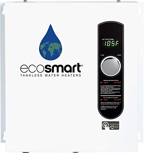 Ecosmart ECO 27 電気タンクレス給湯器、240 ボルトで 27 KW、112.5 アンペア、特許取得済みの自己調整技術付き、ホワイト
