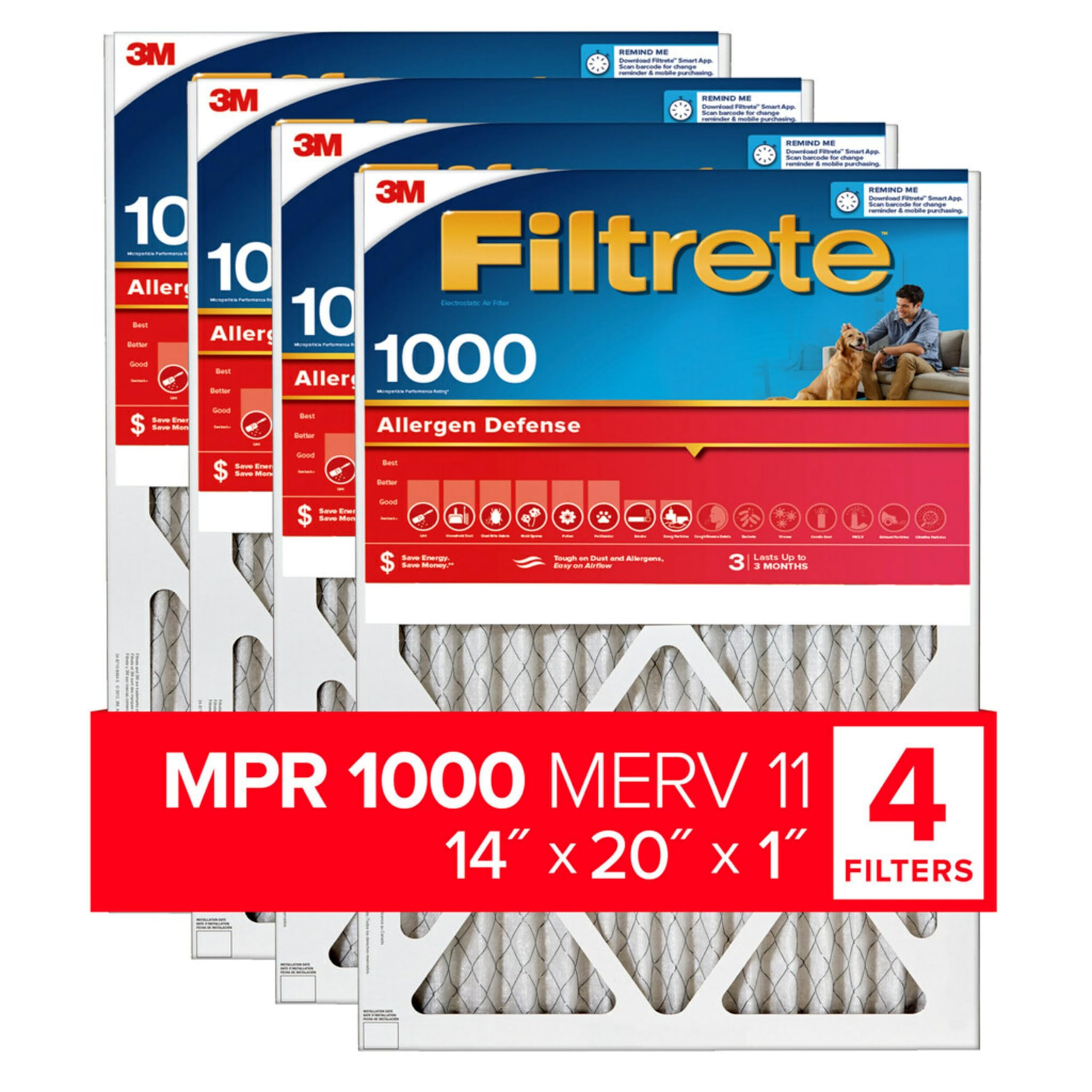 Filtrete 14x20x1 エアフィルター、MPR 1000、MERV 11、マイクロ アレルゲン防御 3 か月プリーツ 1 インチ エアフィルター、フィルター 4 枚