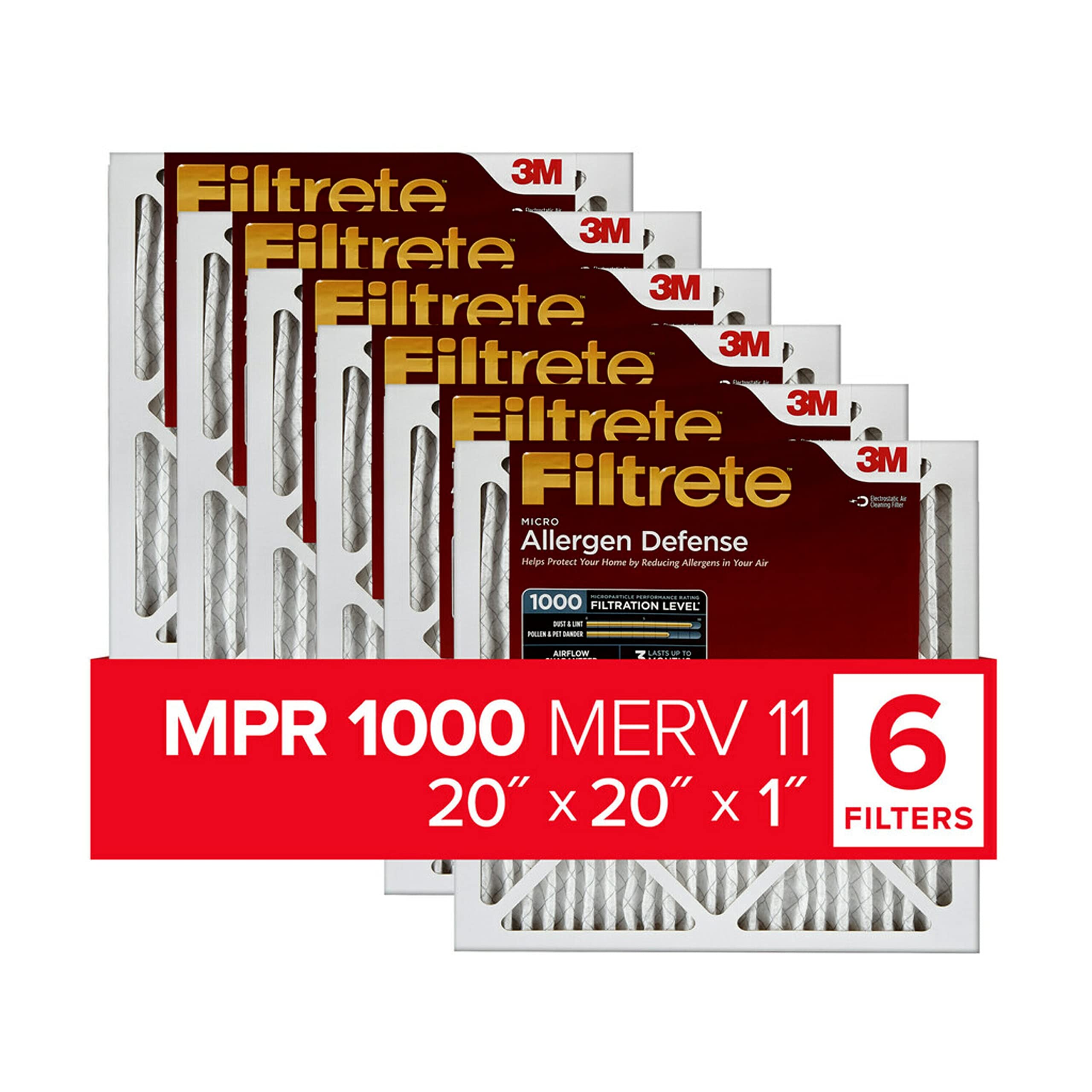 Filtrete 20x20x1 エアフィルター MPR 1000 MERV 11、アレルゲン防御、6 個パック (正確な寸法 19.69x19.69x0.81)