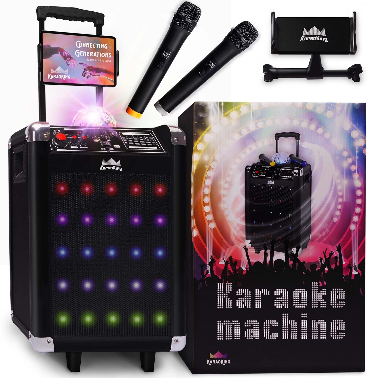  KaraoKing 子供と大人用のカラオケマシン ディスコボール付きワイヤレスマイクスピーカー、ワイヤレスBluetoothマイク2個、電話/タブレットホルダー - 子供用カラオケBluetoothおもちゃ...