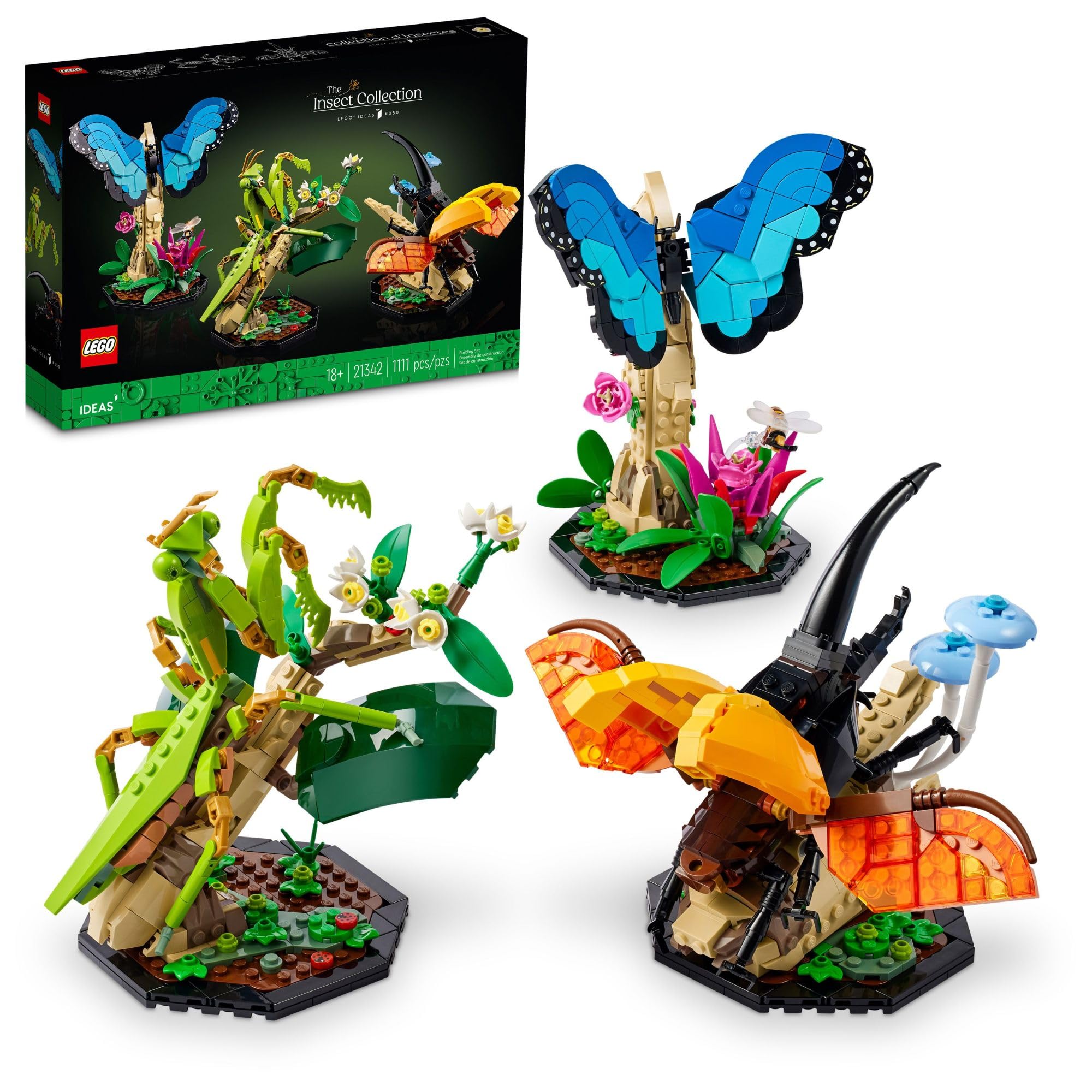  LEGO Ideas The Insect Collection、自然愛好家への楽しいギフト、等身大のブルーモルフォ蝶、ヘラクレスオオカブト、カマキリのディスプレイモデル、昆虫の組み立てセットと自然の装飾付き、21342...