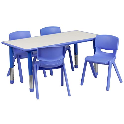 Flash Furniture 23.625''W x 47.25''L長方形の青いプラスチック製の高さ調節可能なアクティビティテーブルセット、椅子4脚付き