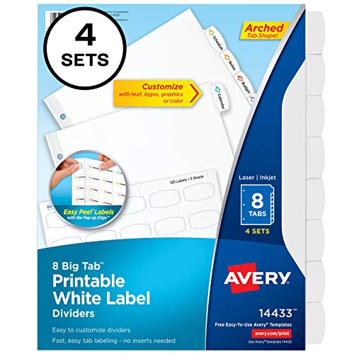 Avery Big Tab 印刷可能なホワイトラベルディバイダー、簡単に剥がせる、8 タブ、4 セット (14433)