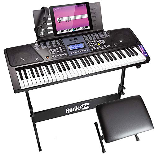  RockJam 61 キー キーボード ピアノ、LCD ディスプレイ キット、キーボード スタンド、ピアノ ベンチ、ヘッドフォン、Simply Piano アプリ & 基調講演ステ...
