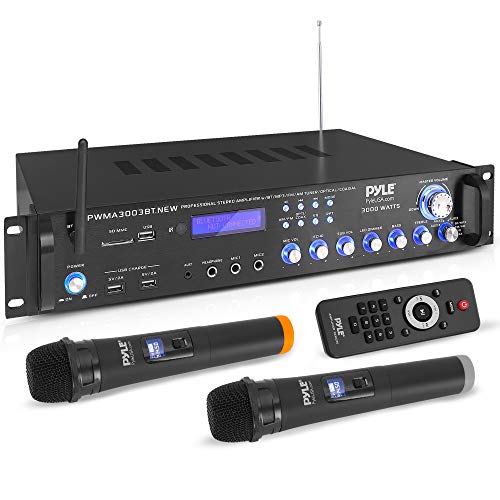  Pyle Bluetooth ホームオーディオ パワーアンプ -4 Ch. 3000W、スピーカーセレクター付きステレオレシーバー、FMラジオ、USB、ヘッドフォン、カラオケ用ワ...