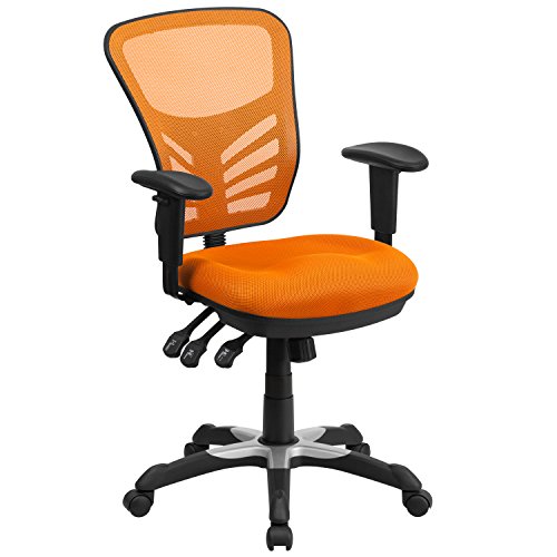 Flash Furniture ミッドバックオレンジメッシュ多機能エグゼクティブスイベル人間工学に基づいた調整可能なアーム付きオフィスチェア、BIFMA認定