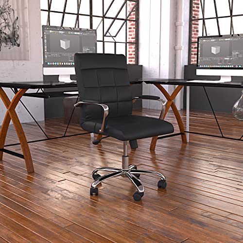 Flash Furniture ミッドバックブラックビニールエグゼクティブ回転オフィスチェア、クロームベースと...