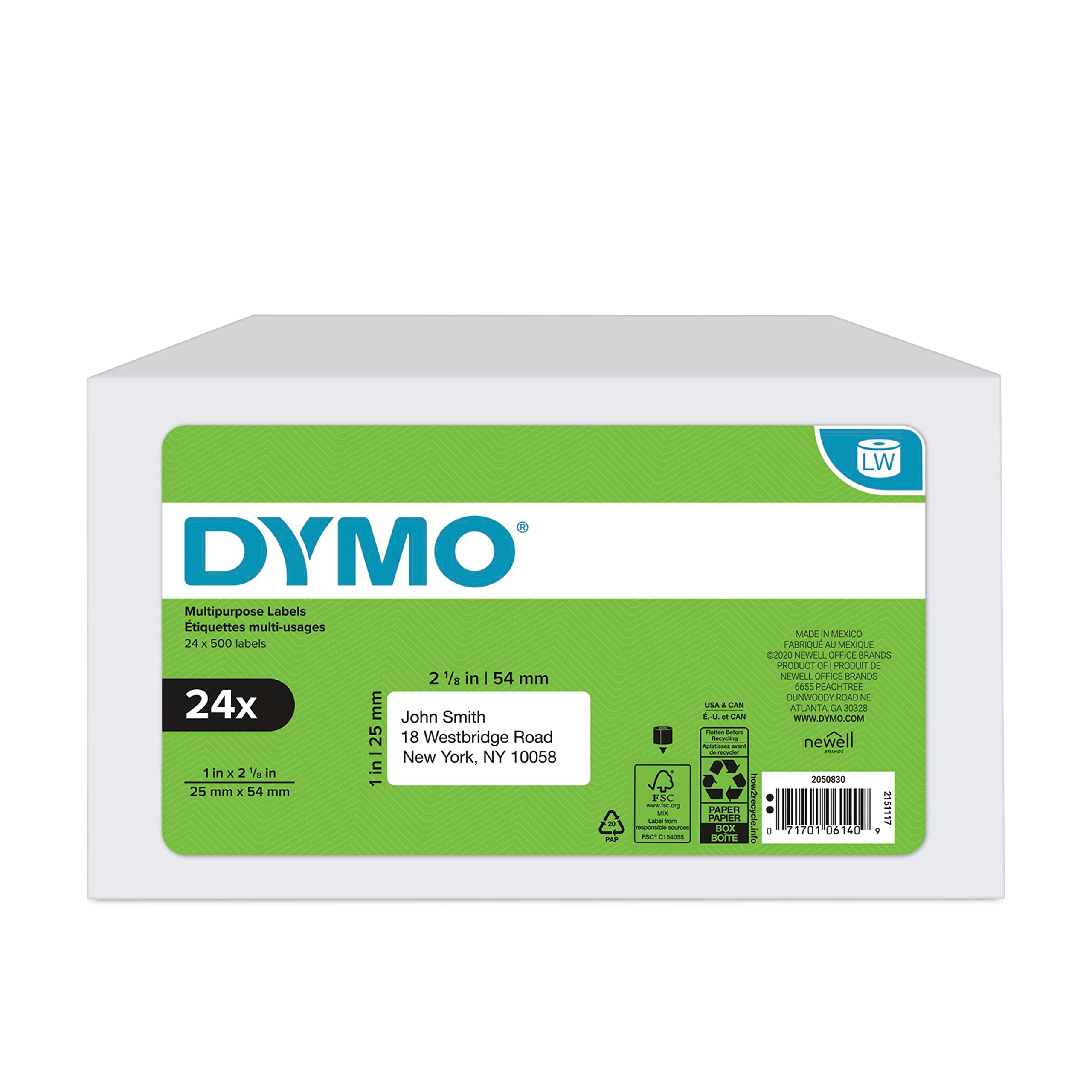DYMO Authentic LabelWriter LabelWriter ラベルプリンター用多目的ラベル、ホワイト、1 インチ x 2-1/8 インチ (30336)、500 個 24 ロール