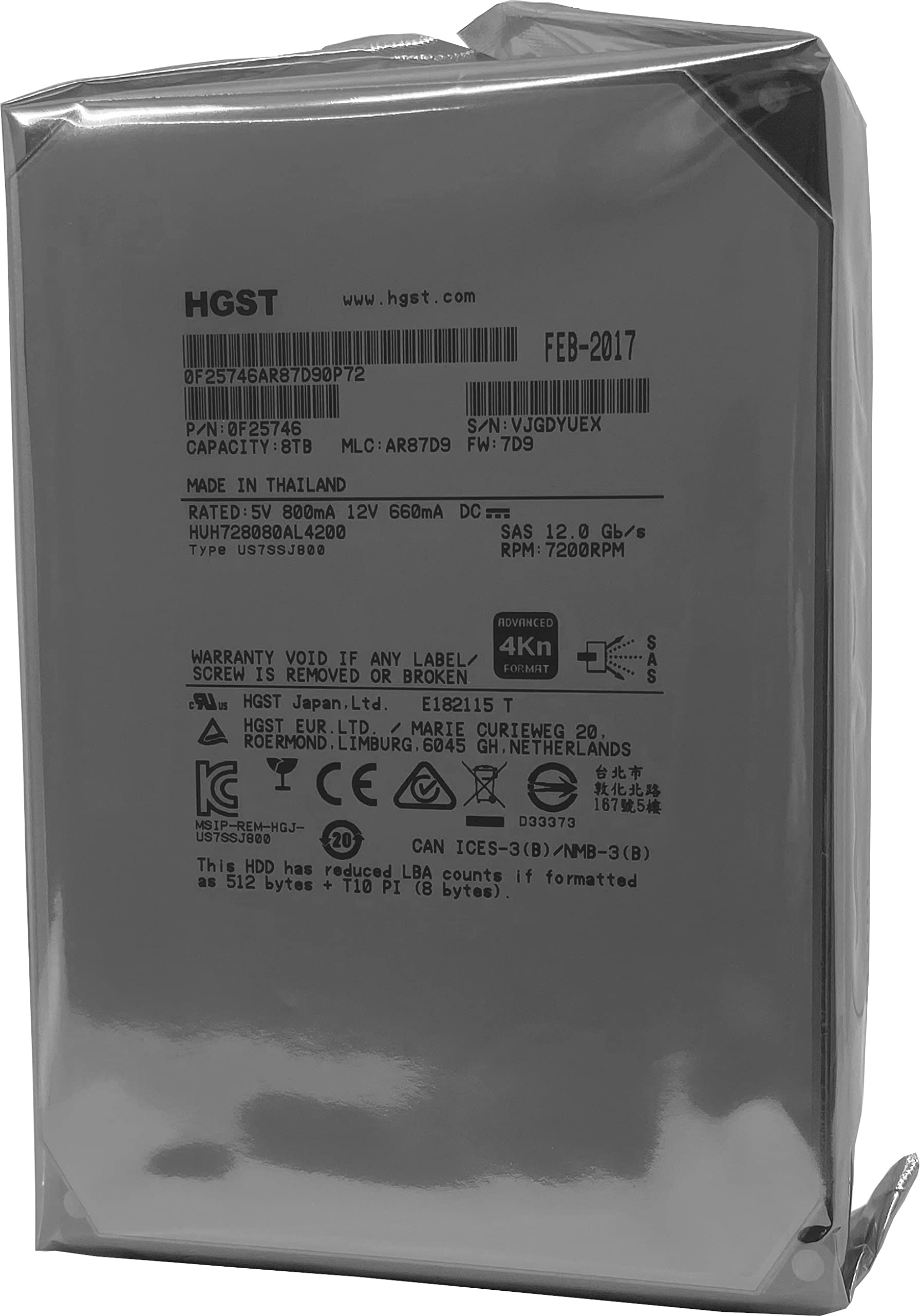 HGST HUH728080AL4200 3.5 フィート 8TB SAS 12Gb/秒 7.2K RPM 128M 0F23651 4Kn ISE エンタープライズ ハード ドライブ