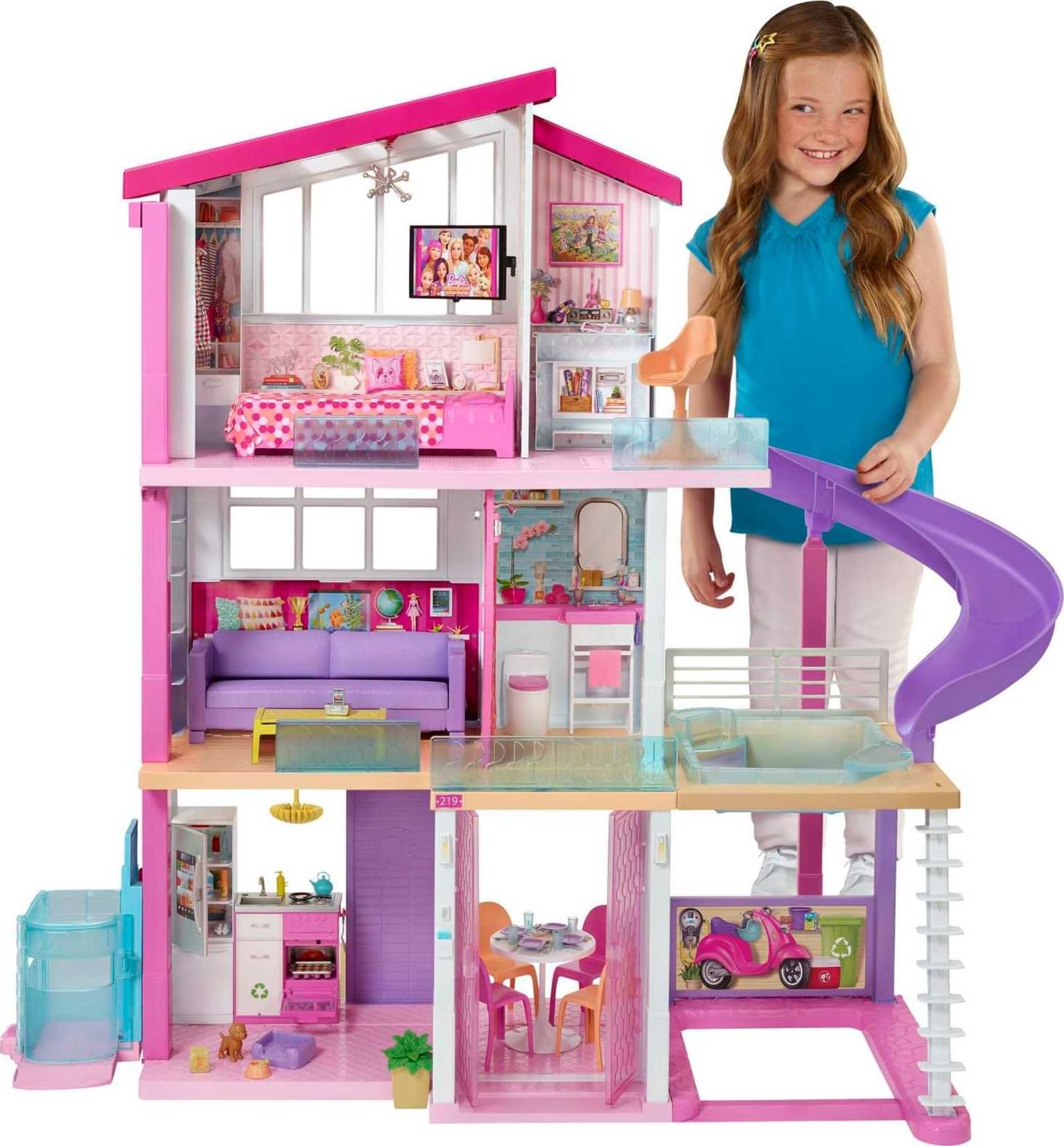 Barbie DreamHouse ドールハウス、70 以上のアクセサリー、動くエレベーターとスライド、変形する家具、ライトとサウンド (Amazon 限定)