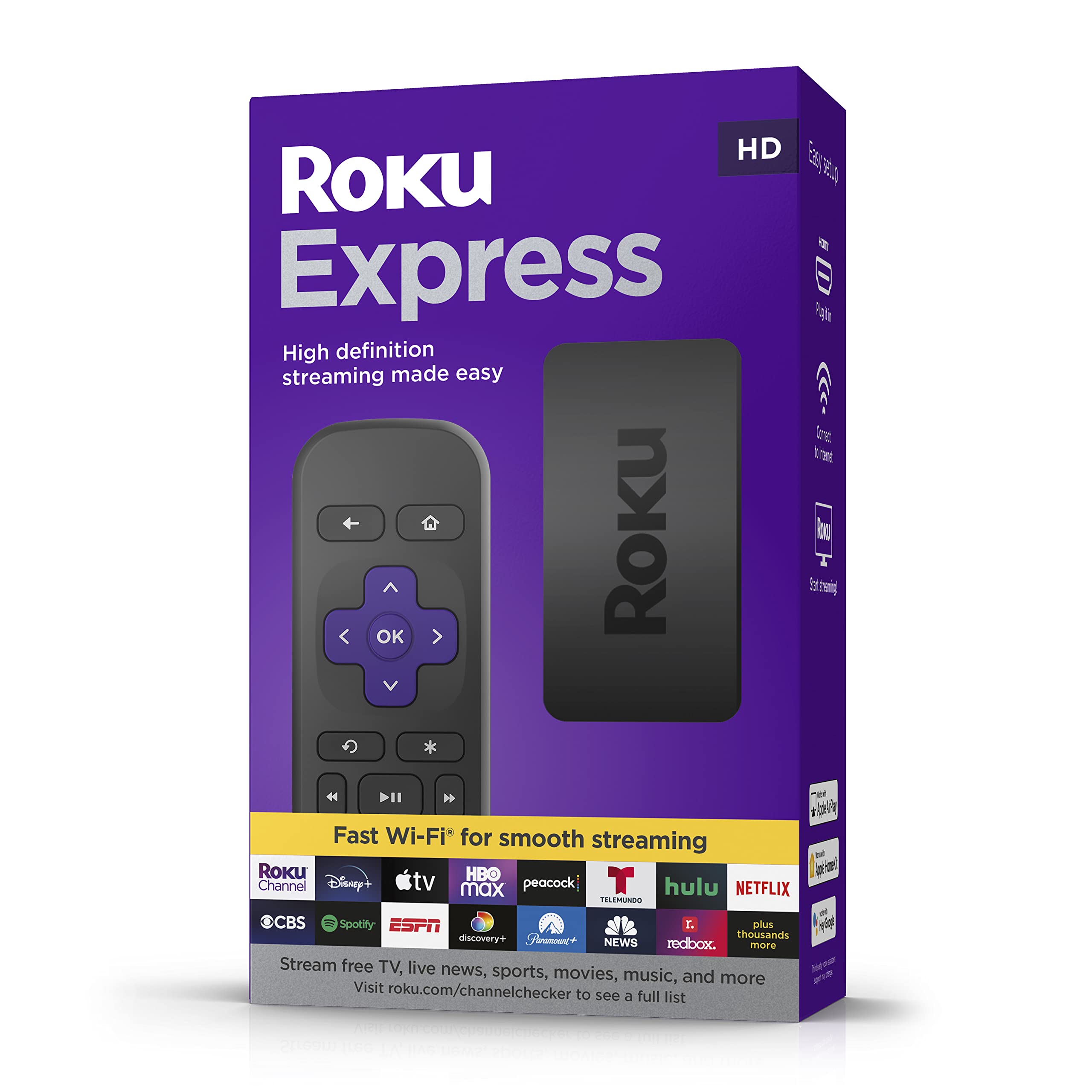  Roku Express (2022 年新) HD ストリーミング デバイス、高速 HDMI ケーブル、シンプル リモコン (TV コントロールなし)、ガイド付きセットアップ、高速 Wi-Fi...