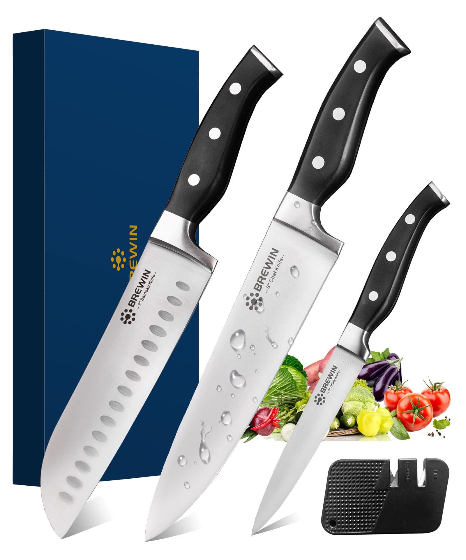 Brewin プロの包丁、シェフナイフ3点セット、キッチン用の鋭いナイフ彫刻セット、高炭素ステンレス鋼、日本料理包丁、ギフトボックス付き
