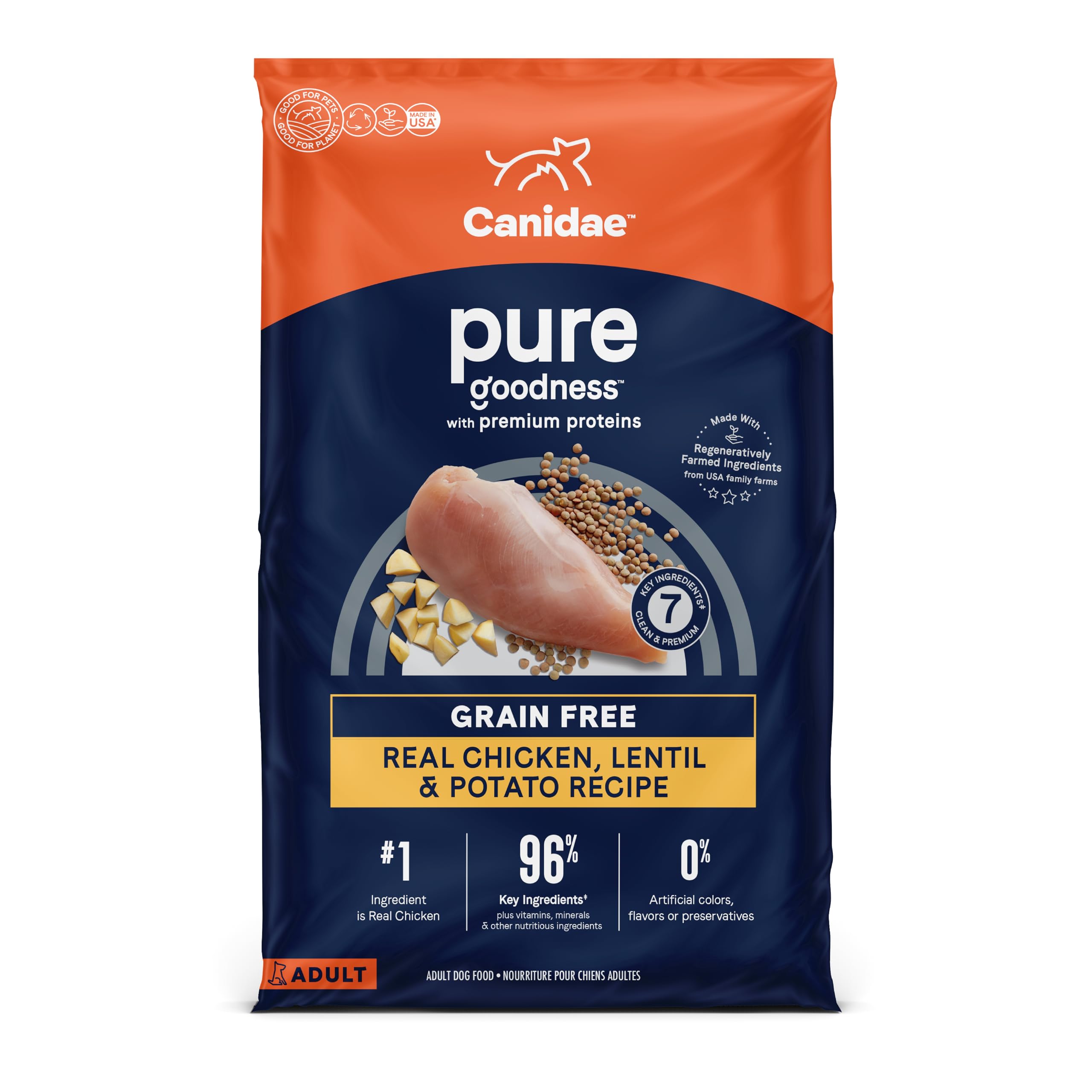 Canidae 純粋な限定成分プレミアムアダルトドライドッグフード、リアルチキン、レンズ豆とポテトのレシピ、22ポンド、穀物不使用