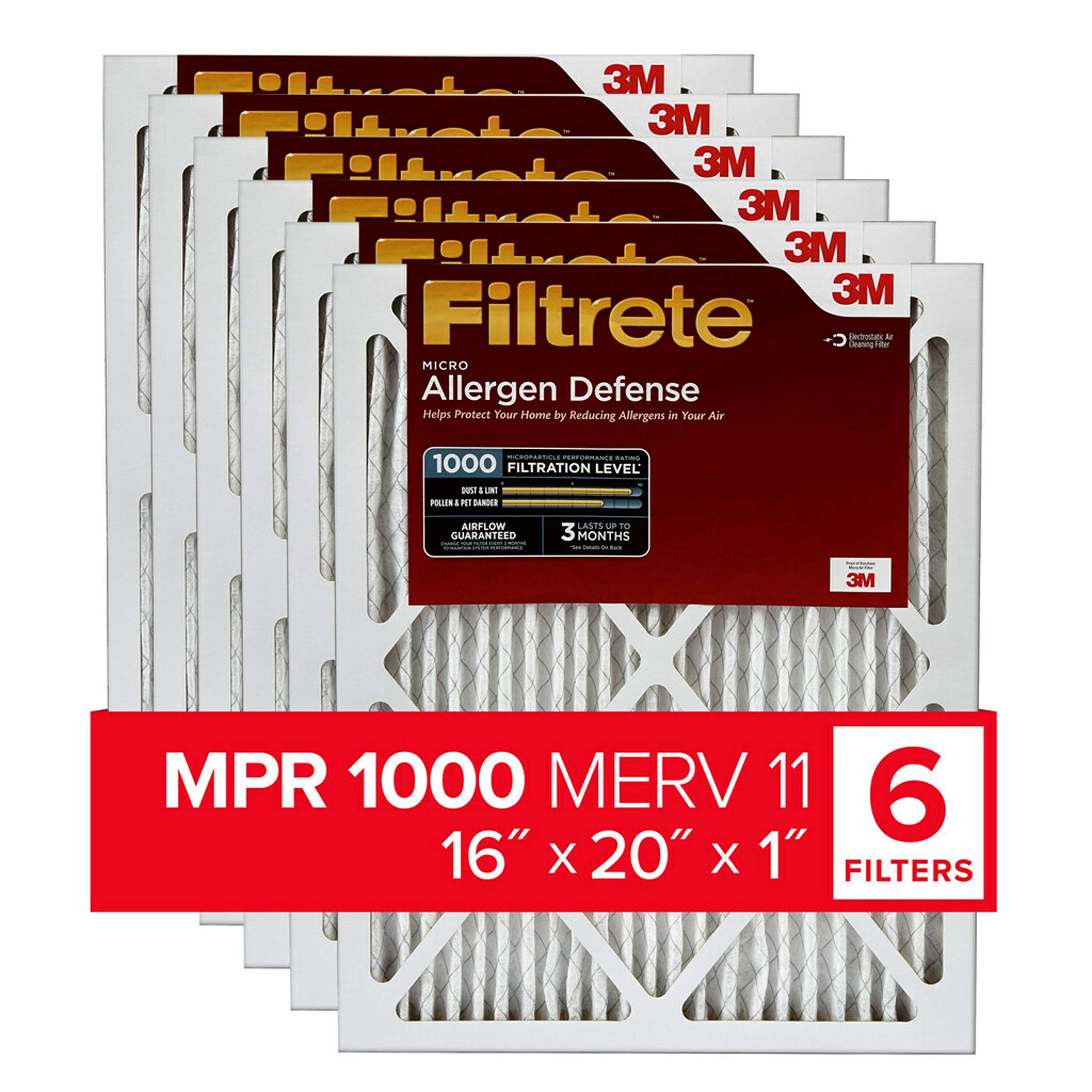 Filtrete 16x20x1 エアフィルター MPR 1000 MERV 11、アレルゲン防御、6 個パック (正確な寸法 15.69x19.69x0.81)