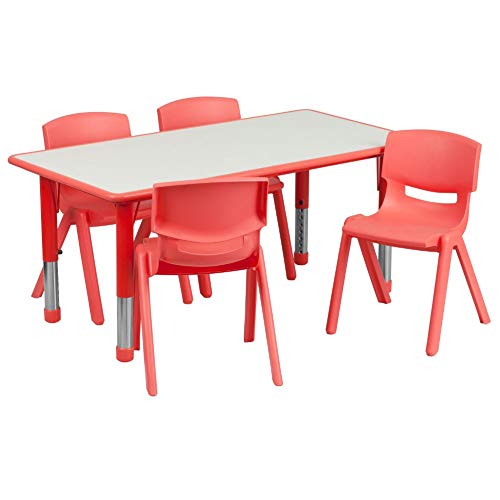 Flash Furniture 23.625''W x 47.25''L長方形の赤いプラスチック製の高さ調節可能なアクティビティテーブルセット、椅子4脚付き