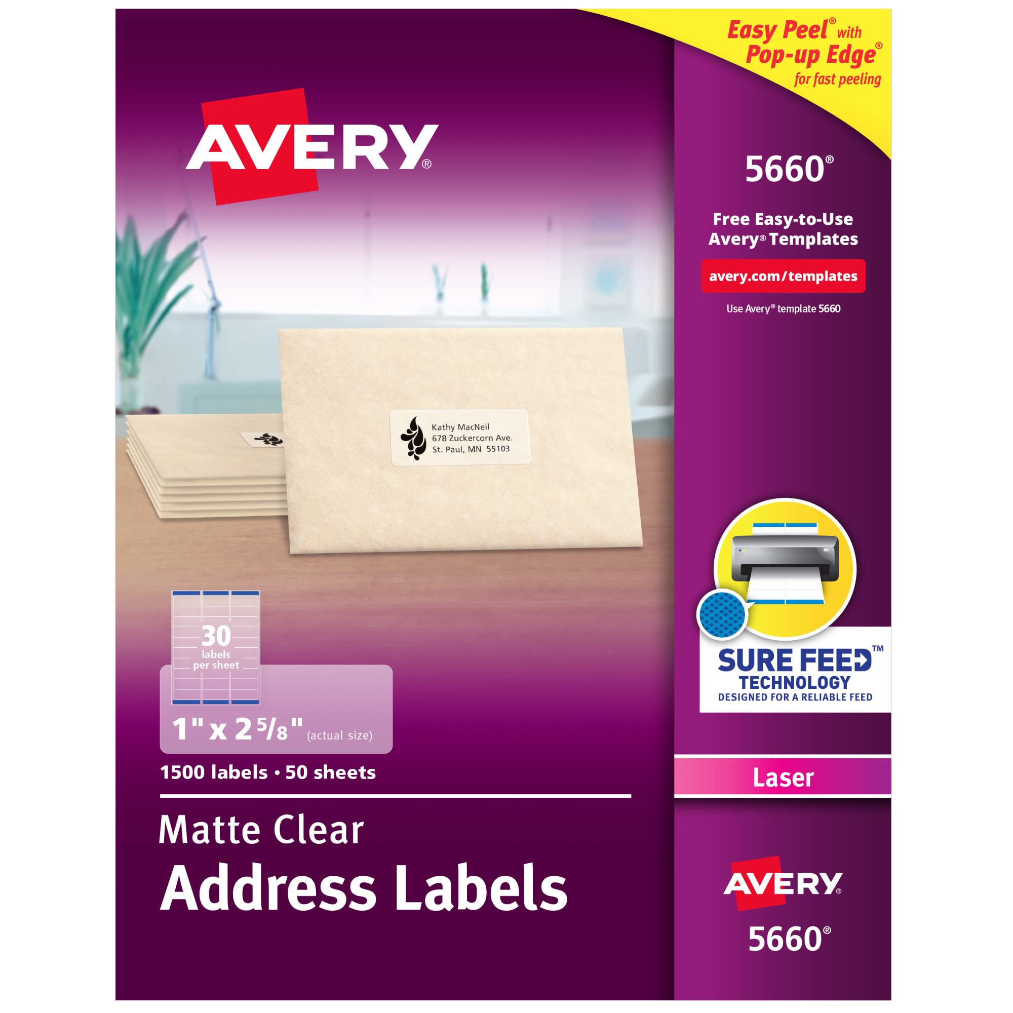 Avery レーザープリンター用のクリアイージーピールアドレスラベル 1インチ x 2-5/8インチ
