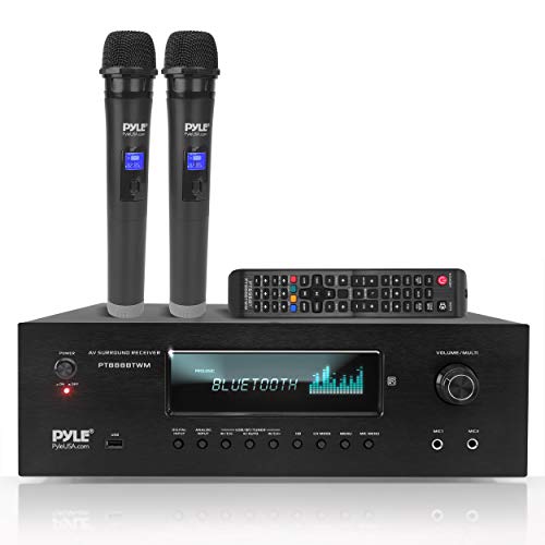  Pyle 1000W Bluetooth ホームシアター カラオケ レシーバー - 5.2 チャンネル ステレオ アンプ 2 UHF ワイヤレス マイク ビデオ パススルー サポート、MP3/USB/H...