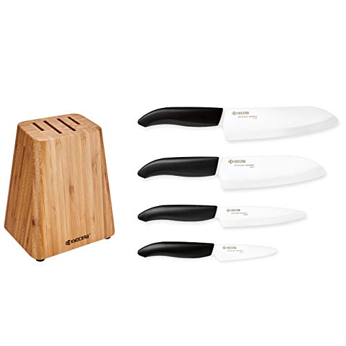  Kyocera 竹ナイフ ブロック セット: 4 スロットの竹ブロックと 4 つの高度なセラミック ナイフ - FK - ブラック ハンドル/ホワイト ブレードが含まれます。...