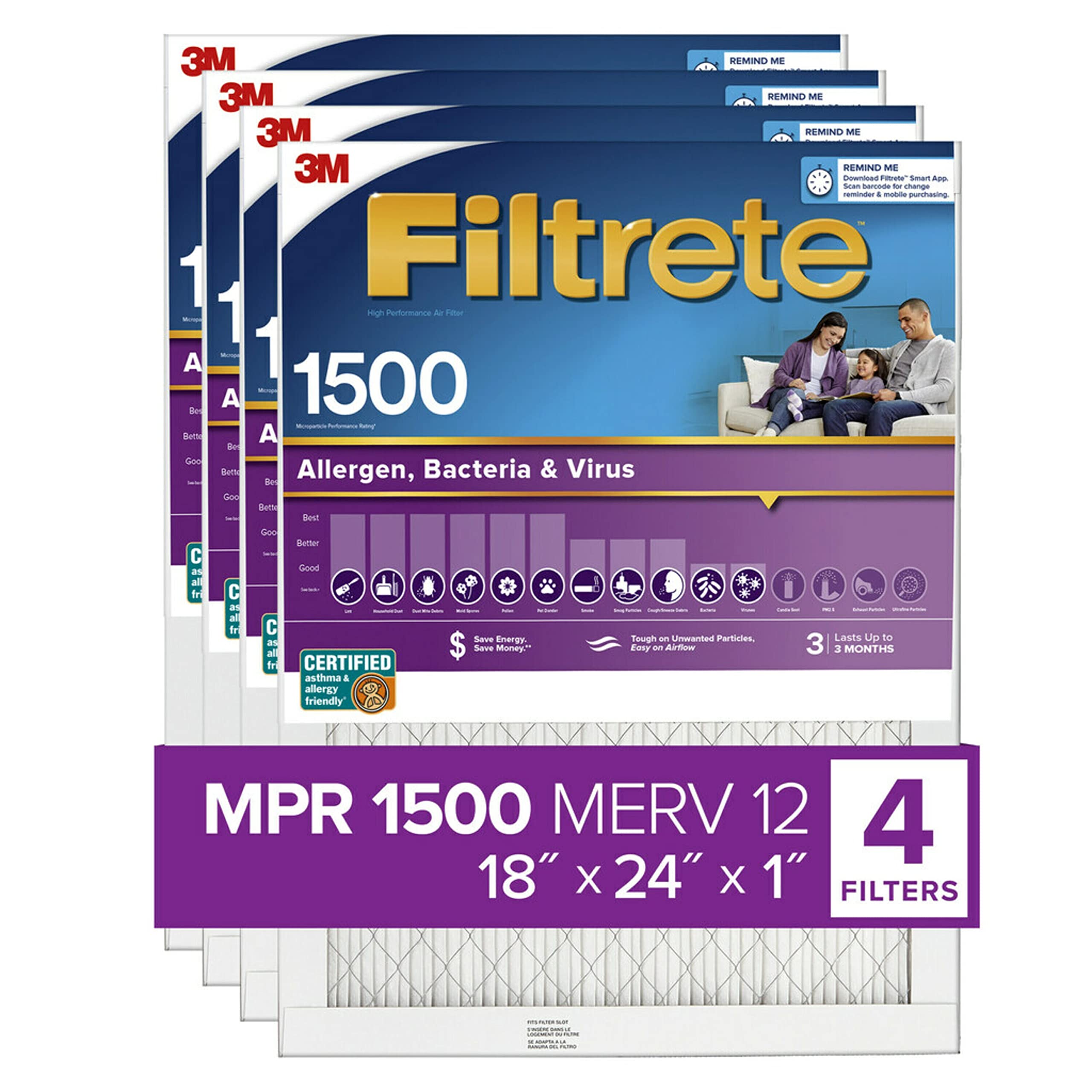 Filtrete 18x24x1 エアフィルター、MPR 1500、MERV 12、ヘルシーリビングウルトラアレルゲン 3 か月プリーツ 1 インチエアフィルター、フィルター 4 枚