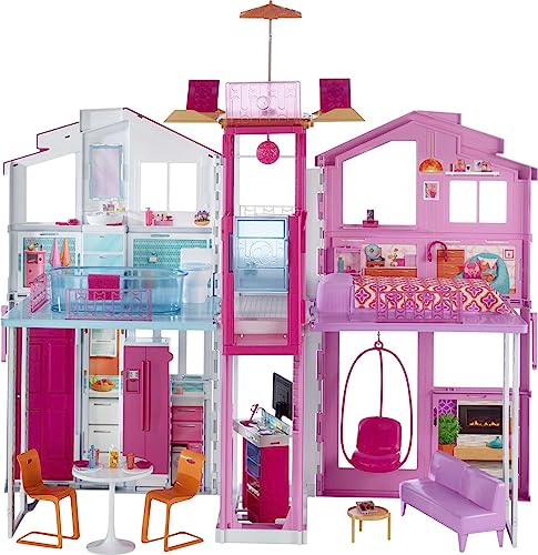 Barbie 3階建てタウンハウスドールハウス、エレベーター、スイングチェア、家具とアクセサリー付き、持ち運び...