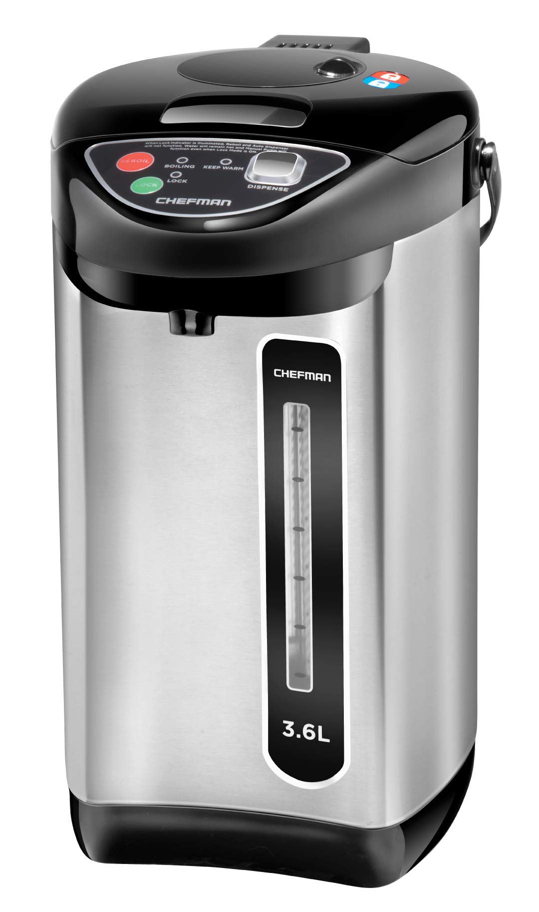 Chefman 自動および手動分配ボタン付き電気湯沸かしポット、安全ロック、コーヒーと紅茶の瞬間加熱、自動シャットオフ/空焚き保護